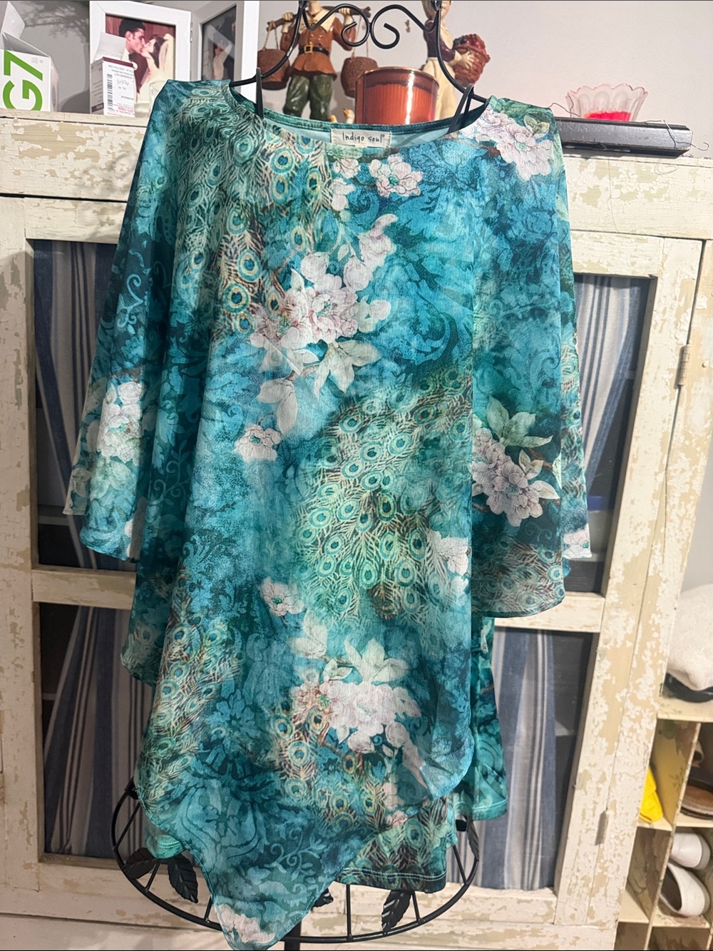 indigo soul teal floral peacock-print tunic